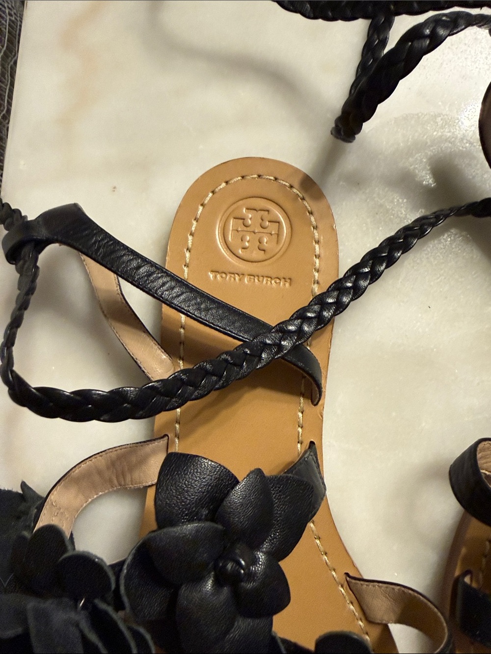 Tory Burch Black Floral Lace-Up Women's Sandals - Picture 5 of 6
